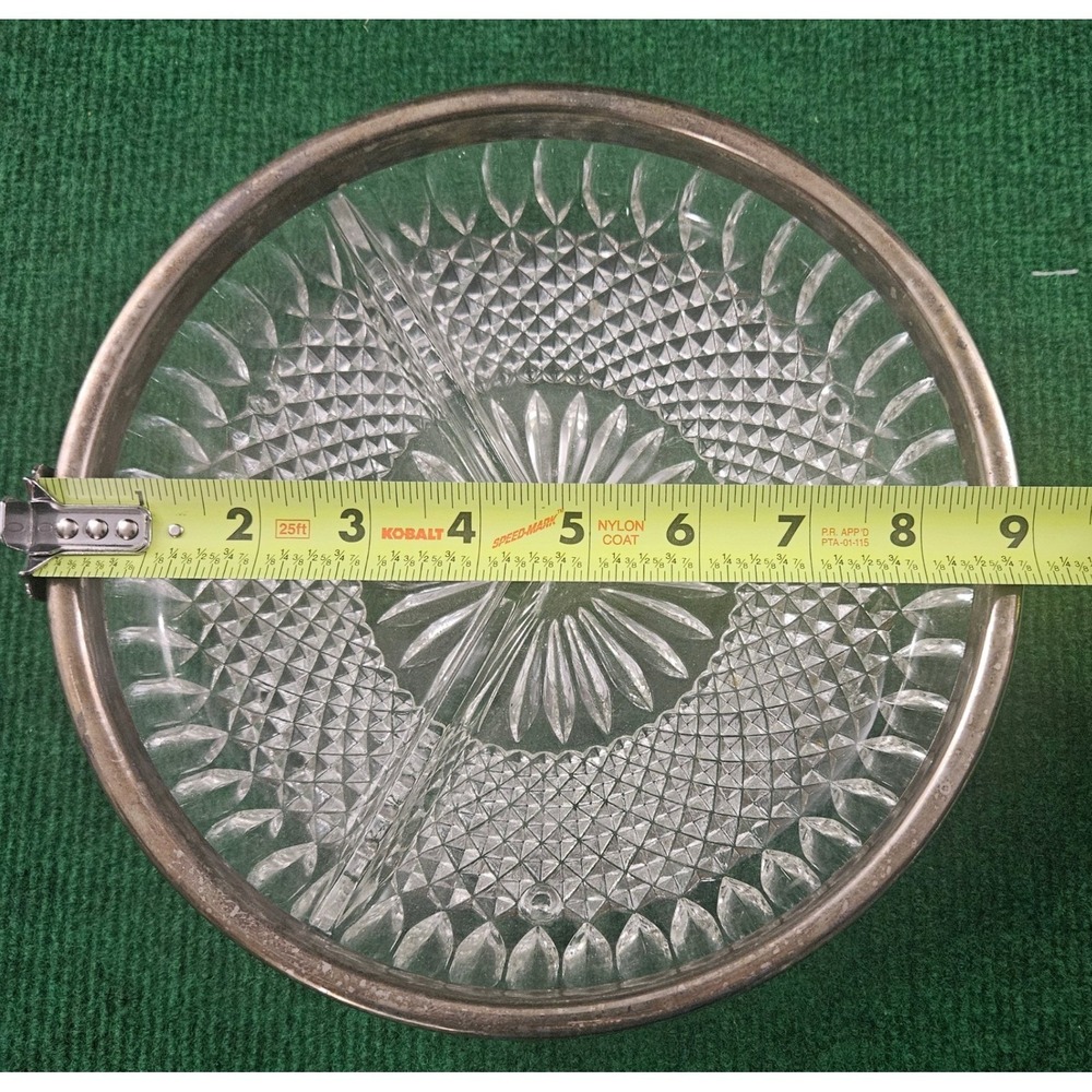 Vintage Crystal Glass Divided‎ Serving Dish with Silver Rim Appetizer Tray Party